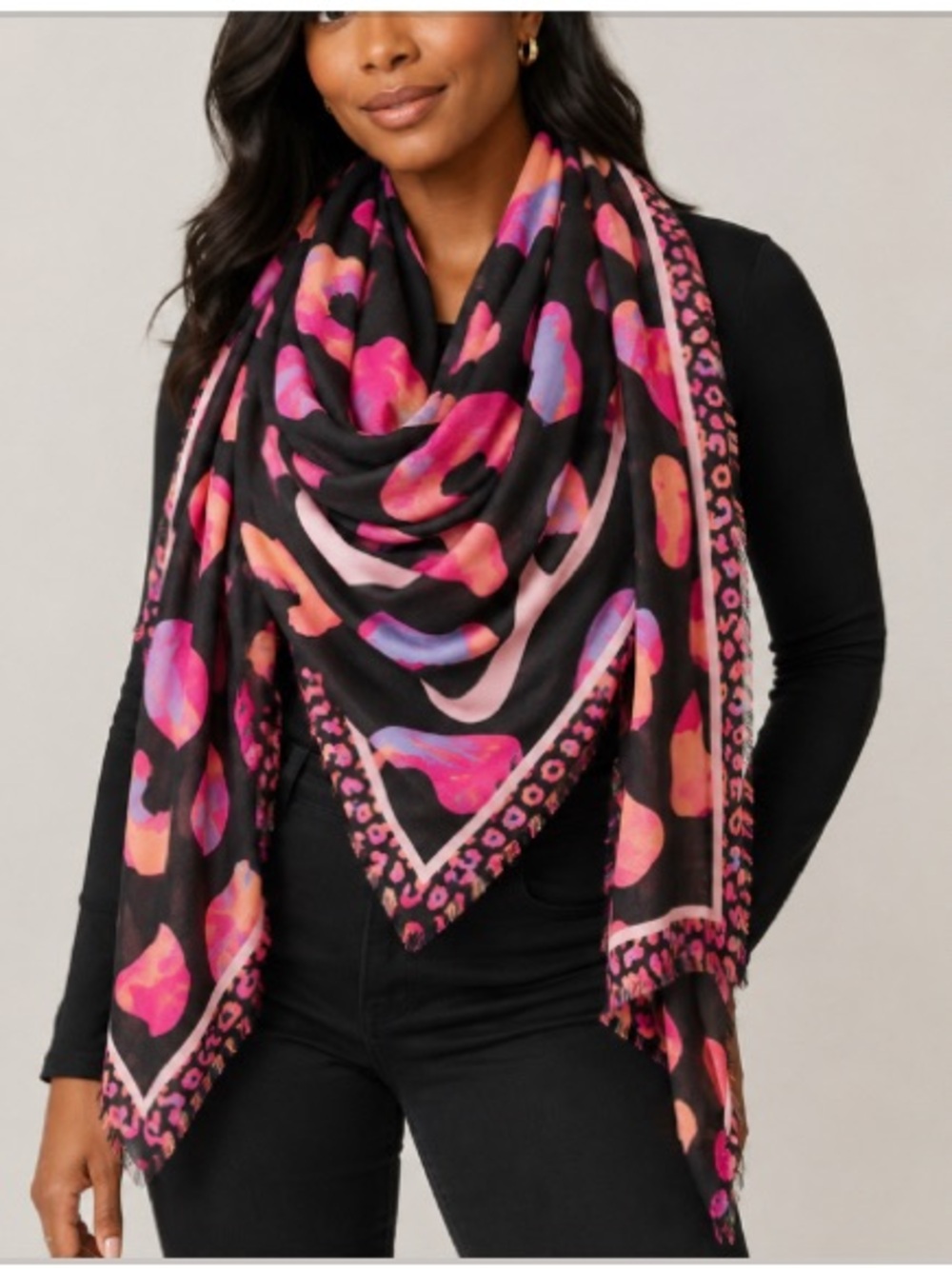 Jimmy Choo Black & Pink Abstract Leopard Border Scarf